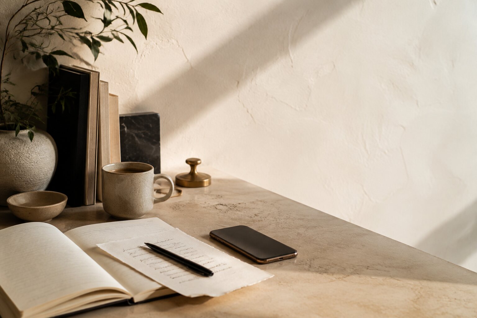 A warm consultation-ready desk with notebook, coffee and phone