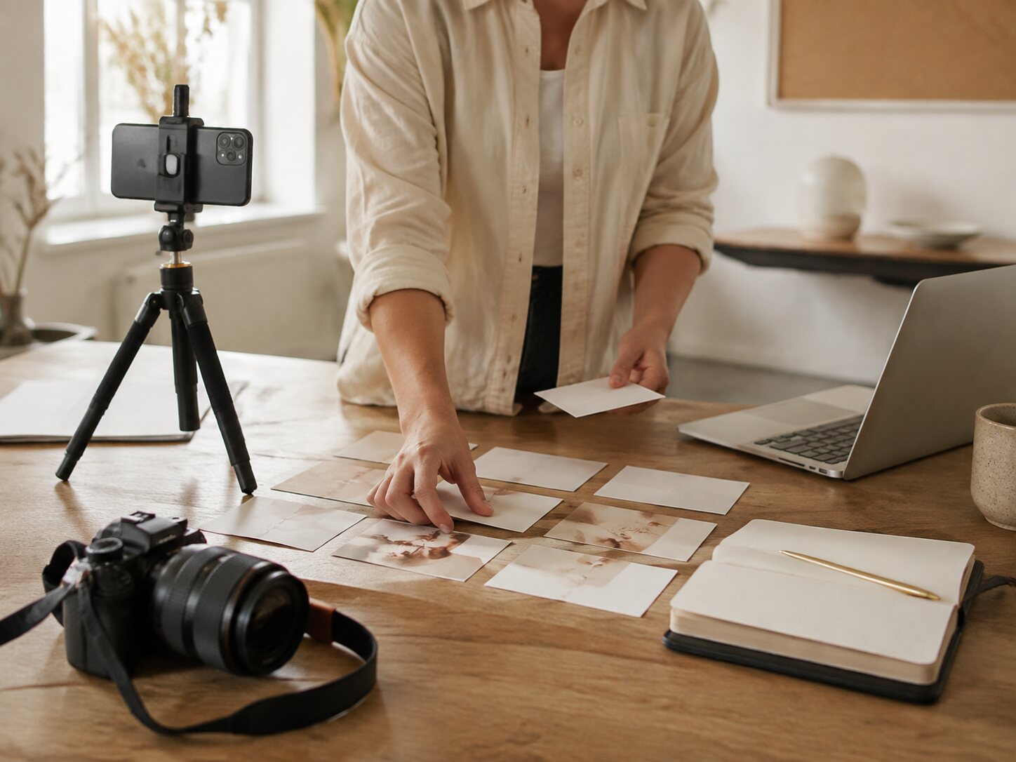 Small-business content planning workspace with a phone, camera and notebook