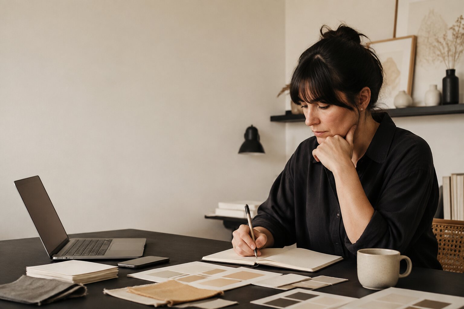 Small-business owner planning marketing at a warm studio desk