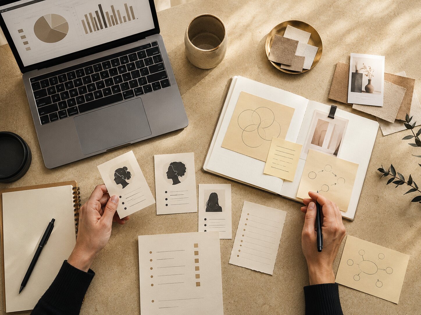 Hands reviewing small-business marketing research and strategy materials